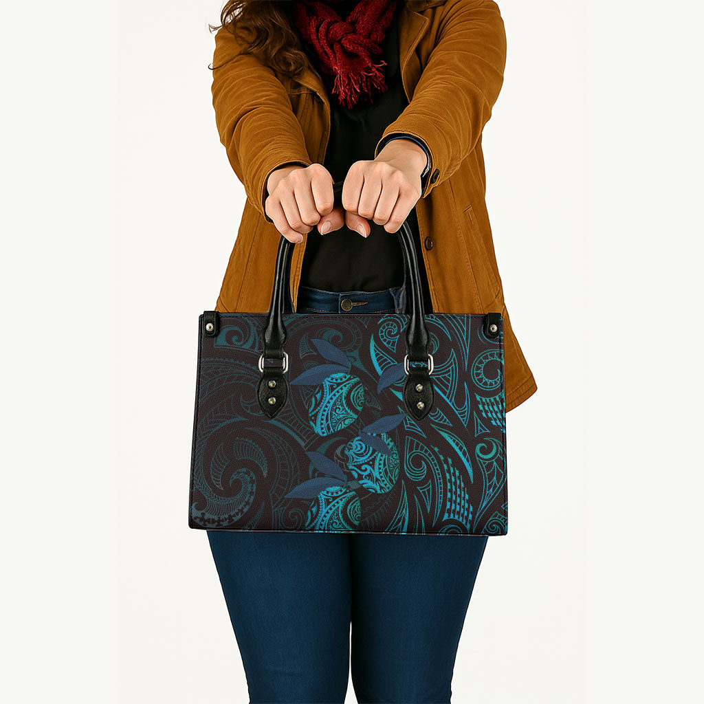 Hawaiian Mango Tribal Tattoo Leather Bag Teal Pacific Traditional Pattern