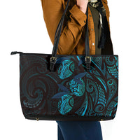 Hawaiian Mango Tribal Tattoo Leather Tote Bag Teal Pacific Traditional Pattern