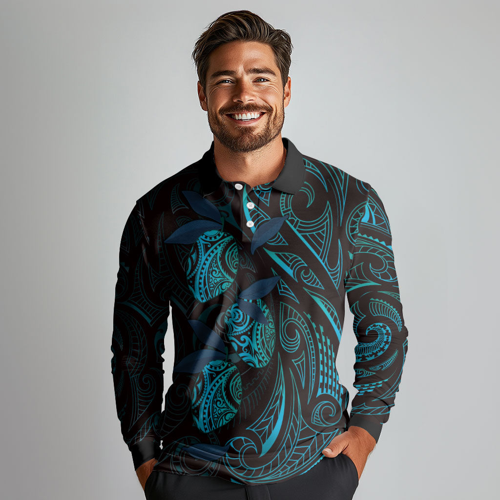Hawaiian Mango Tribal Tattoo Long Sleeve Polo Shirt Teal Pacific Traditional Pattern
