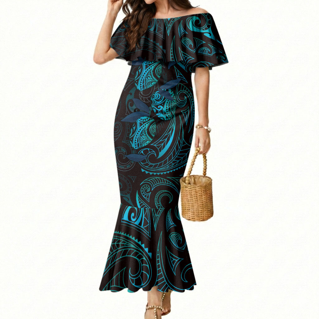 Hawaiian Mango Tribal Tattoo Mermaid Dress Teal Pacific Traditional Pattern