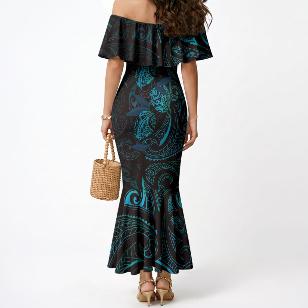Hawaiian Mango Tribal Tattoo Mermaid Dress Teal Pacific Traditional Pattern