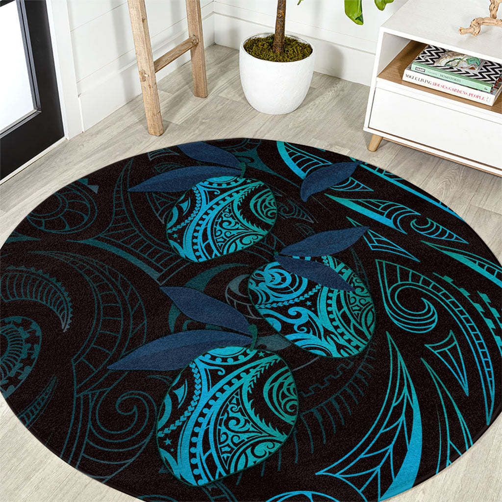 Hawaiian Mango Tribal Tattoo Round Carpet Teal Pacific Traditional Pattern
