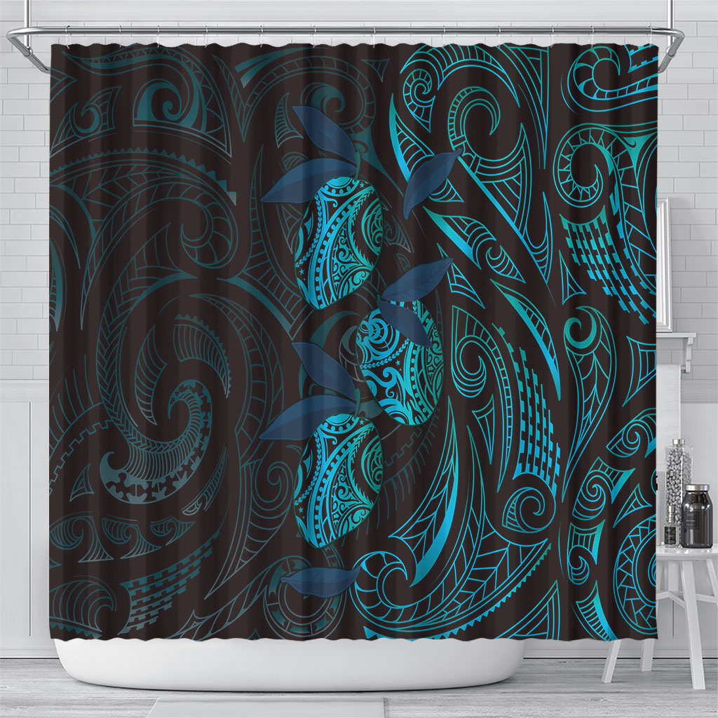 Hawaiian Mango Tribal Tattoo Shower Curtain Teal Pacific Traditional Pattern