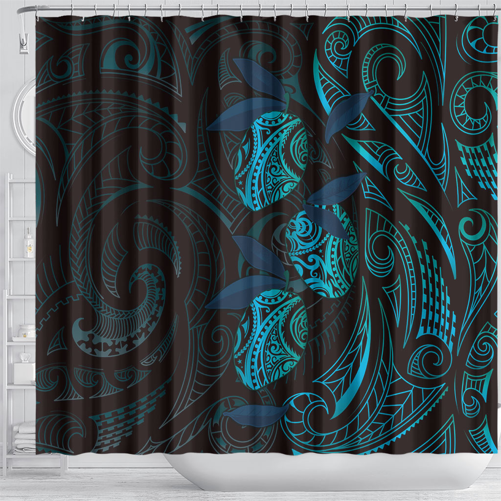 Hawaiian Mango Tribal Tattoo Shower Curtain Teal Pacific Traditional Pattern