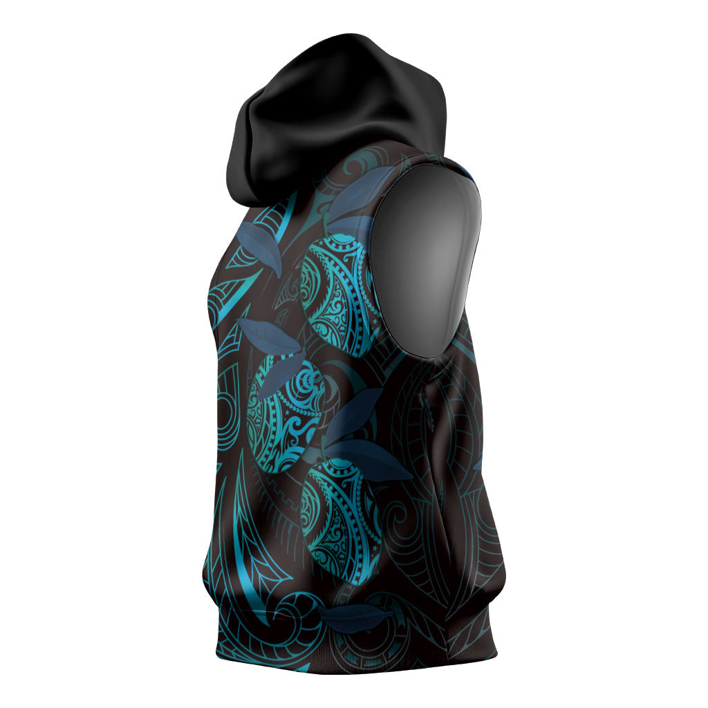 Hawaiian Mango Tribal Tattoo Sleeveless Hoodie Teal Pacific Traditional Pattern