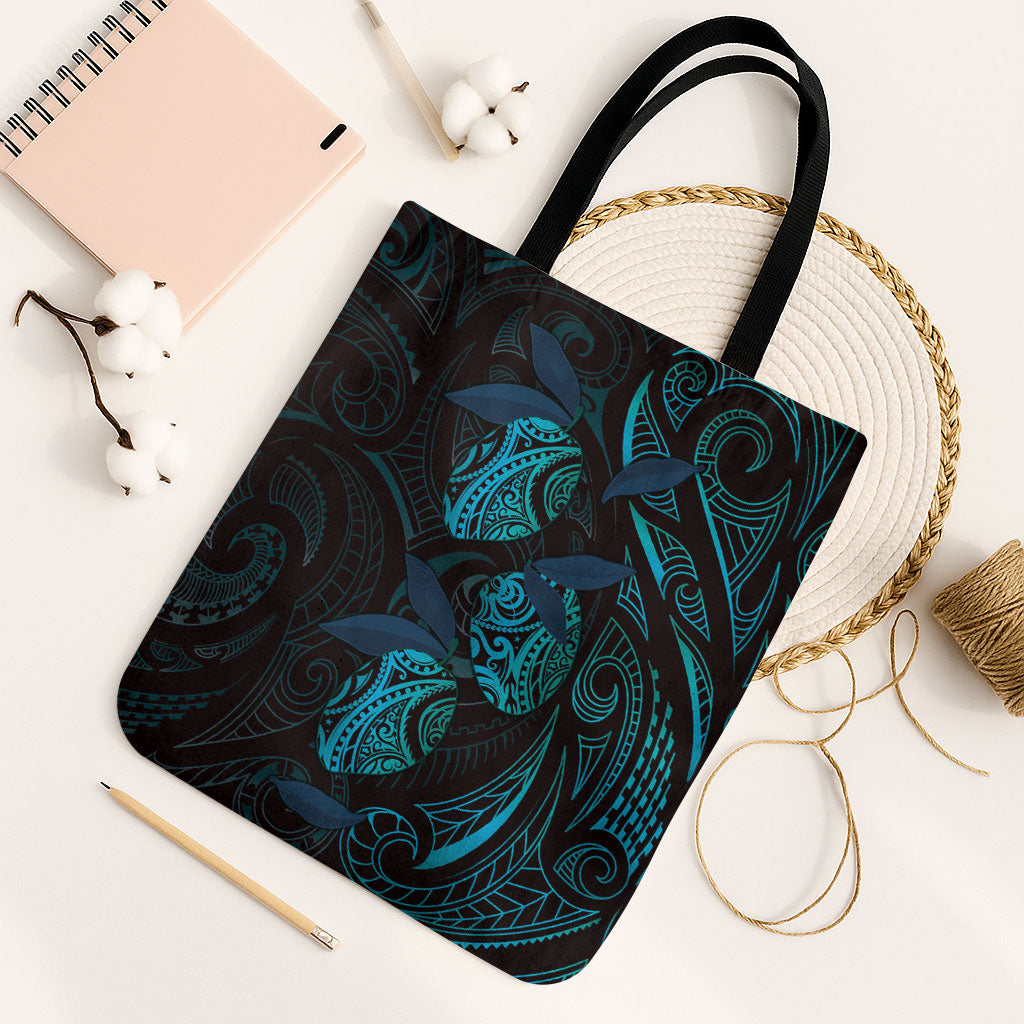 Hawaiian Mango Tribal Tattoo Tote Bag Teal Pacific Traditional Pattern