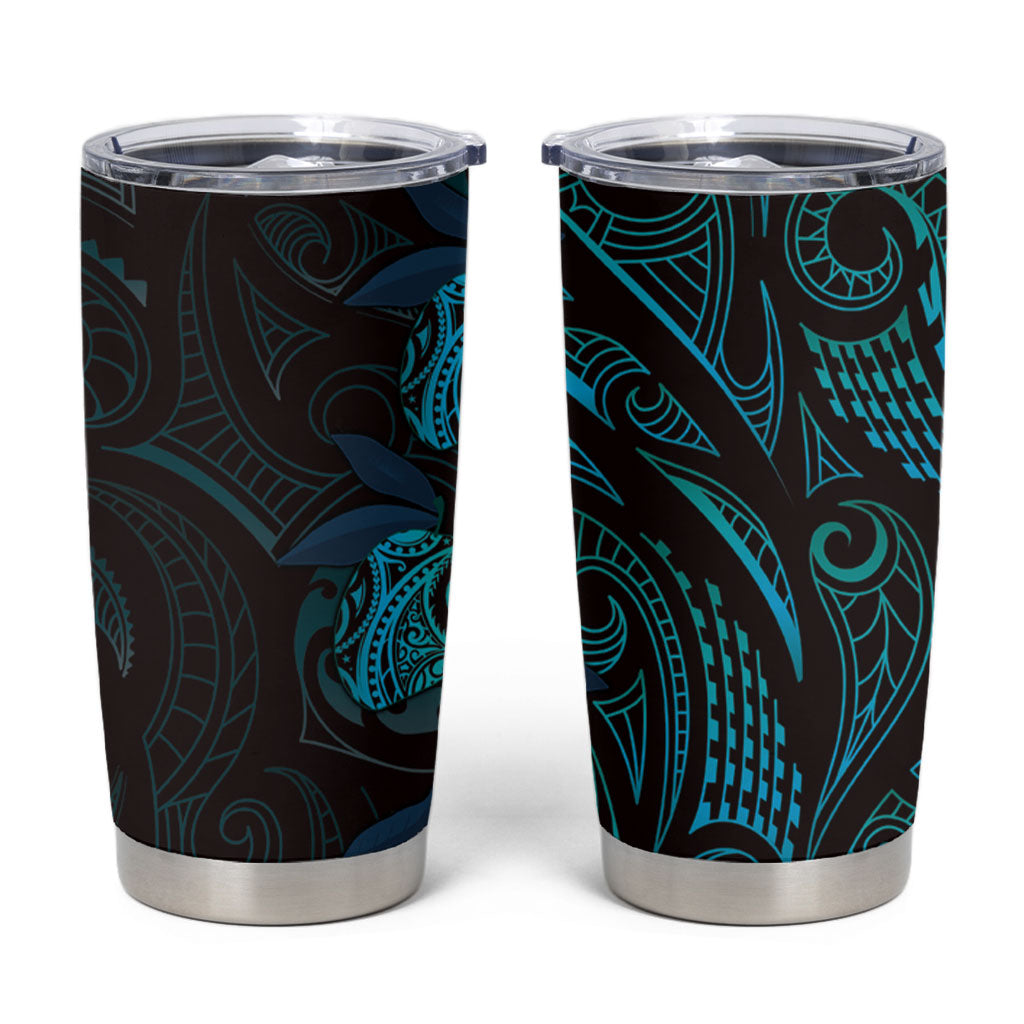 Hawaiian Mango Tribal Tattoo Tumbler Cup Teal Pacific Traditional Pattern