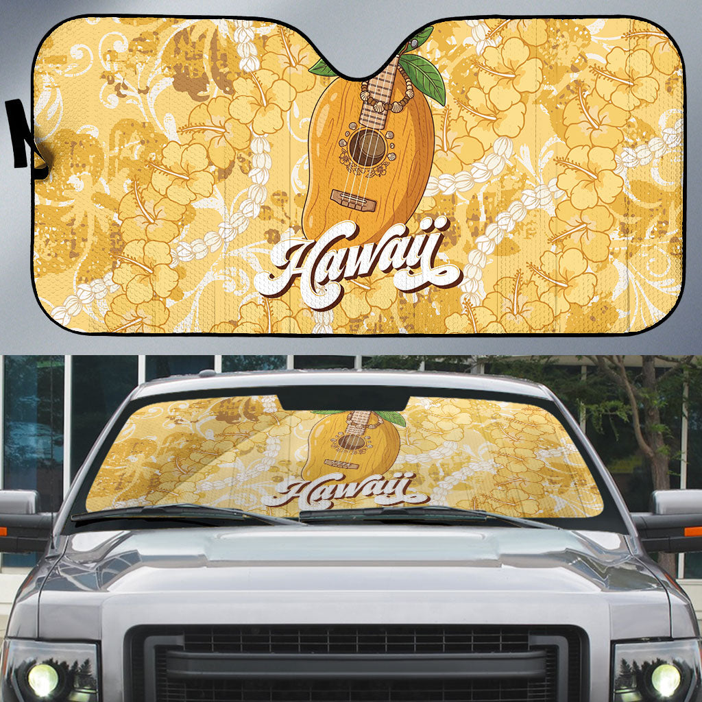 Hawaiian Mango Ukulele Auto Sun Shade Retro Yellow Hibiscus Pikake Lei