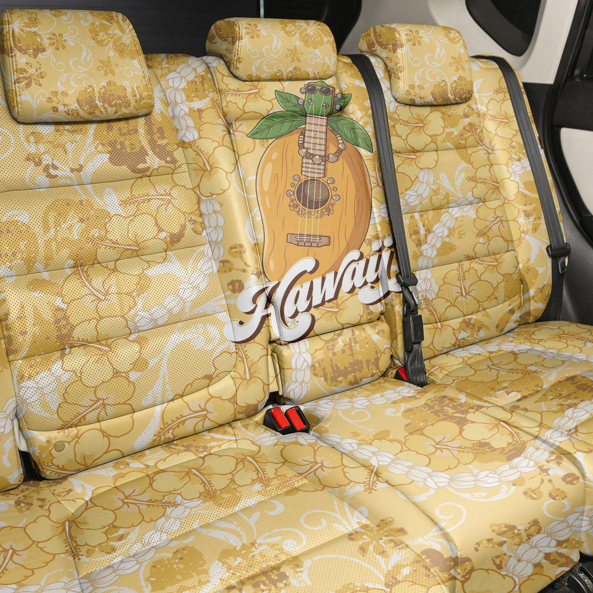 Hawaiian Mango Ukulele Back Car Seat Cover Retro Yellow Hibiscus Pikake Lei