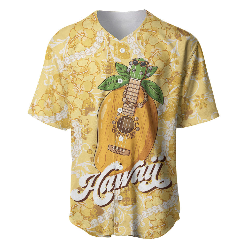 Hawaiian Mango Ukulele Baseball Jersey Retro Yellow Hibiscus Pikake Lei