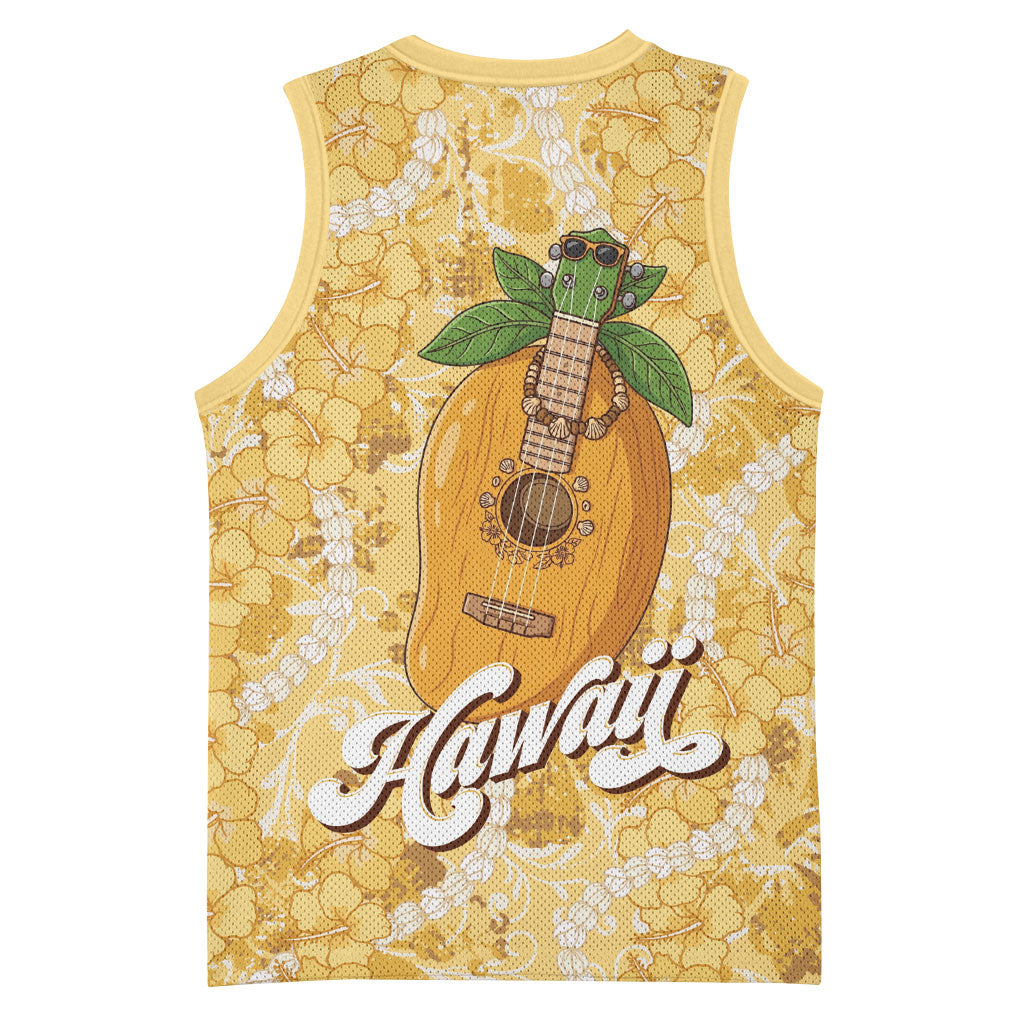 Hawaiian Mango Ukulele Basketball Jersey Retro Yellow Hibiscus Pikake Lei