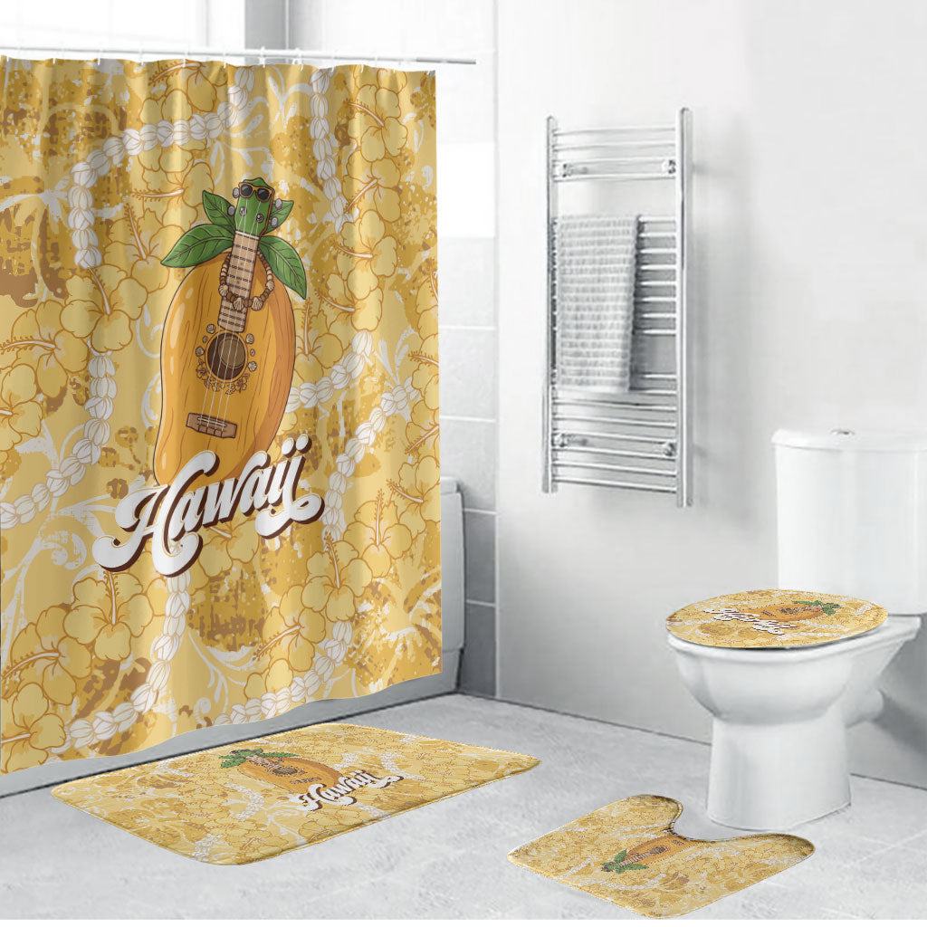 Hawaiian Mango Ukulele Bathroom Set Retro Yellow Hibiscus Pikake Lei