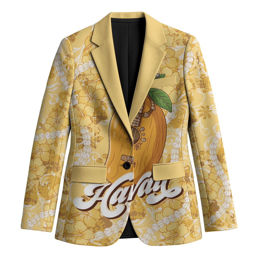 Hawaiian Mango Ukulele Blazer Retro Yellow Hibiscus Pikake Lei