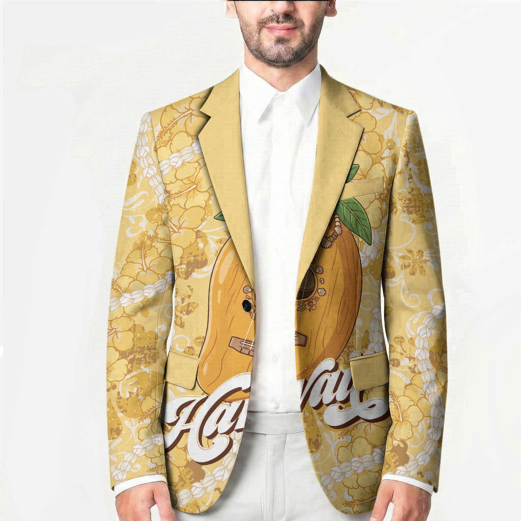 Hawaiian Mango Ukulele Blazer Retro Yellow Hibiscus Pikake Lei