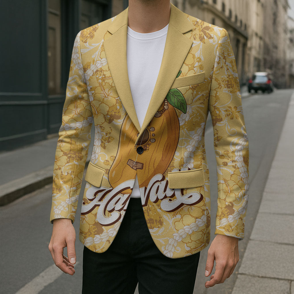 Hawaiian Mango Ukulele Blazer Retro Yellow Hibiscus Pikake Lei