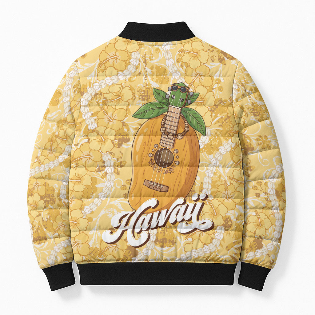 Hawaiian Mango Ukulele Bomber Puffer Jacket Retro Yellow Hibiscus Pikake Lei