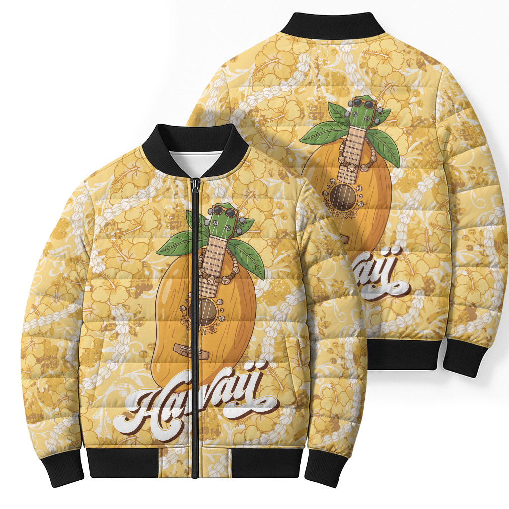 Hawaiian Mango Ukulele Bomber Puffer Jacket Retro Yellow Hibiscus Pikake Lei