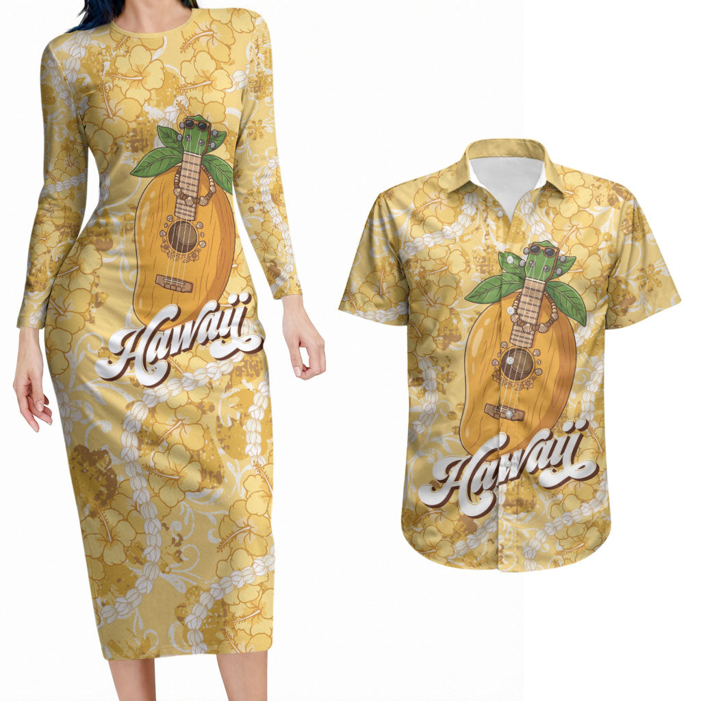 Hawaiian Mango Ukulele Couples Matching Long Sleeve Bodycon Dress and Hawaiian Shirt Retro Yellow Hibiscus Pikake Lei LT9 Yellow - Polynesian Pride