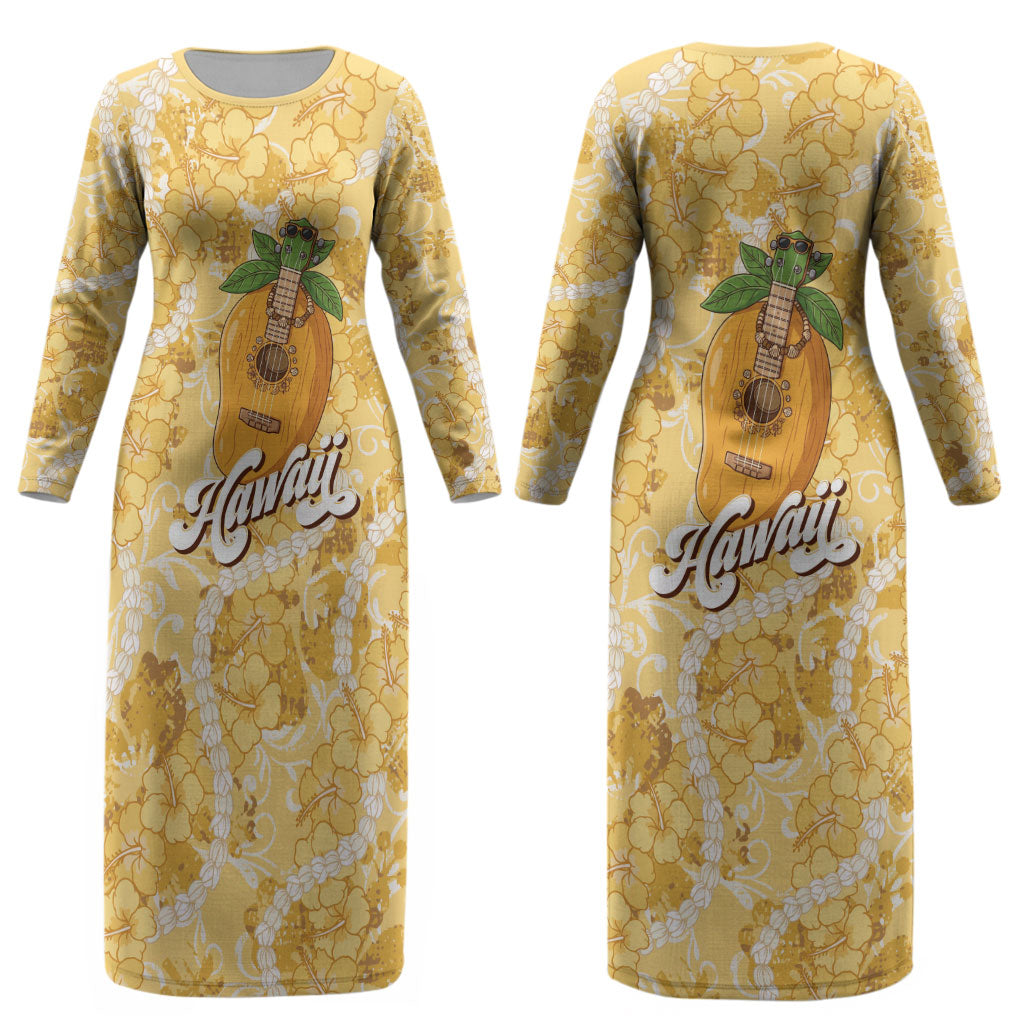 Hawaiian Mango Ukulele Couples Matching Long Sleeve Bodycon Dress and Long Sleeve Button Shirt Retro Yellow Hibiscus Pikake Lei