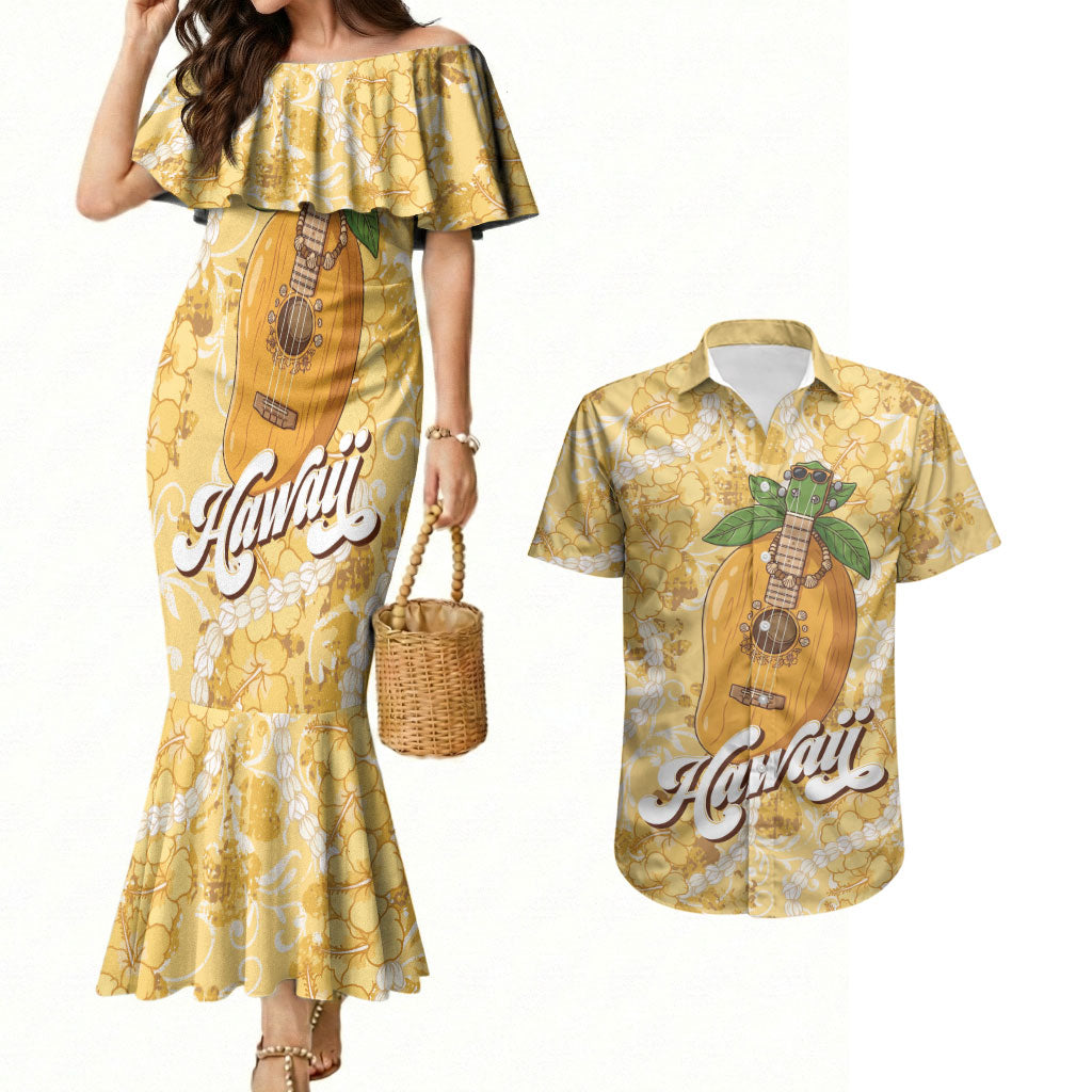 Hawaiian Mango Ukulele Couples Matching Mermaid Dress and Hawaiian Shirt Retro Yellow Hibiscus Pikake Lei LT9 Yellow - Polynesian Pride
