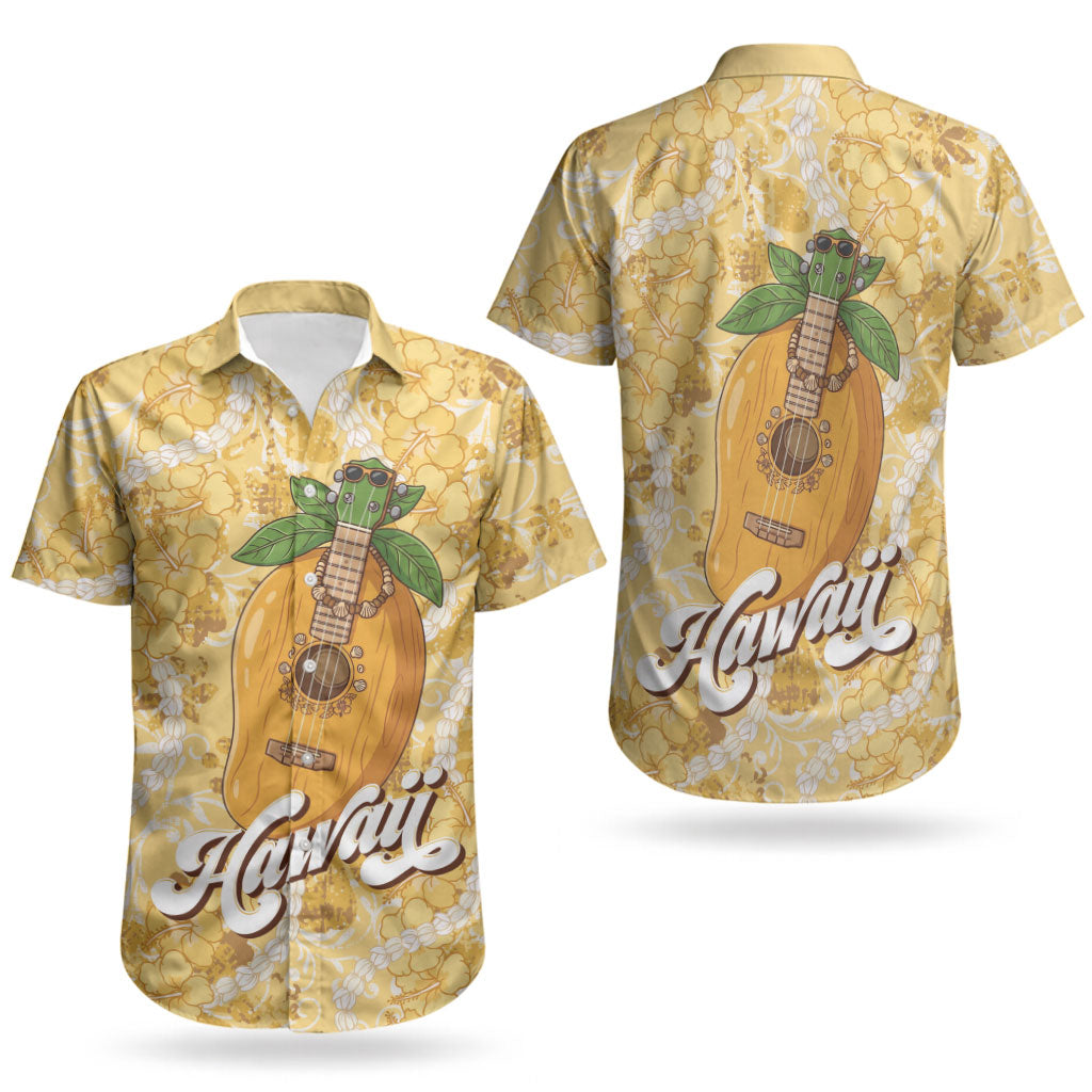 Hawaiian Mango Ukulele Couples Matching Mermaid Dress and Hawaiian Shirt Retro Yellow Hibiscus Pikake Lei