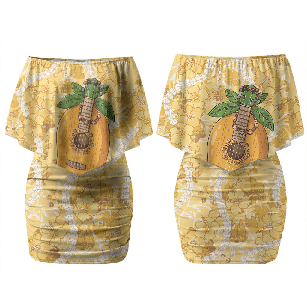 Hawaiian Mango Ukulele Couples Matching Off Shoulder Short Dress and Long Sleeve Button Shirt Retro Yellow Hibiscus Pikake Lei