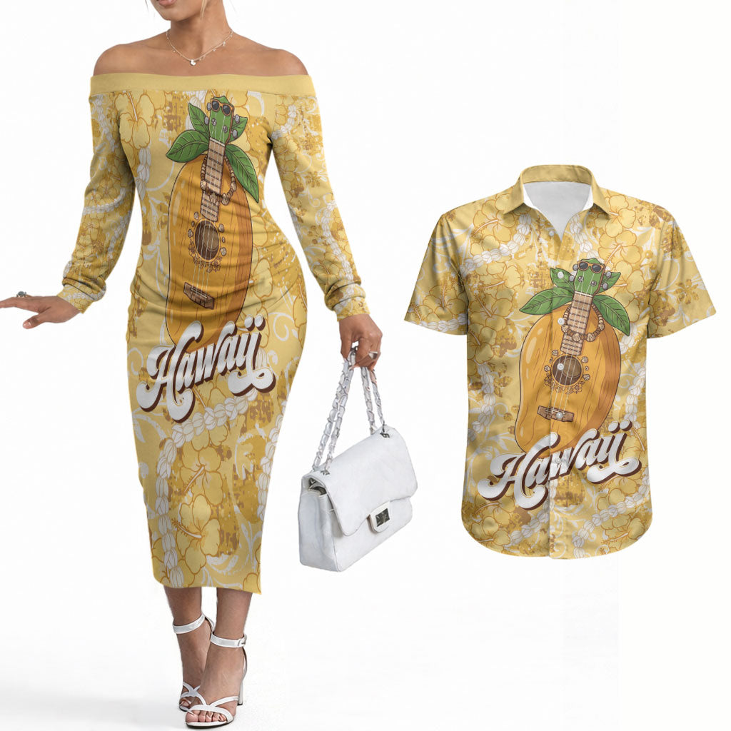 Hawaiian Mango Ukulele Couples Matching Off The Shoulder Long Sleeve Dress and Hawaiian Shirt Retro Yellow Hibiscus Pikake Lei LT9 Yellow - Polynesian Pride