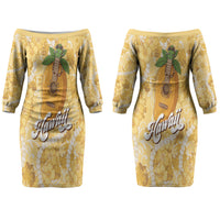 Hawaiian Mango Ukulele Couples Matching Off The Shoulder Long Sleeve Dress and Hawaiian Shirt Retro Yellow Hibiscus Pikake Lei