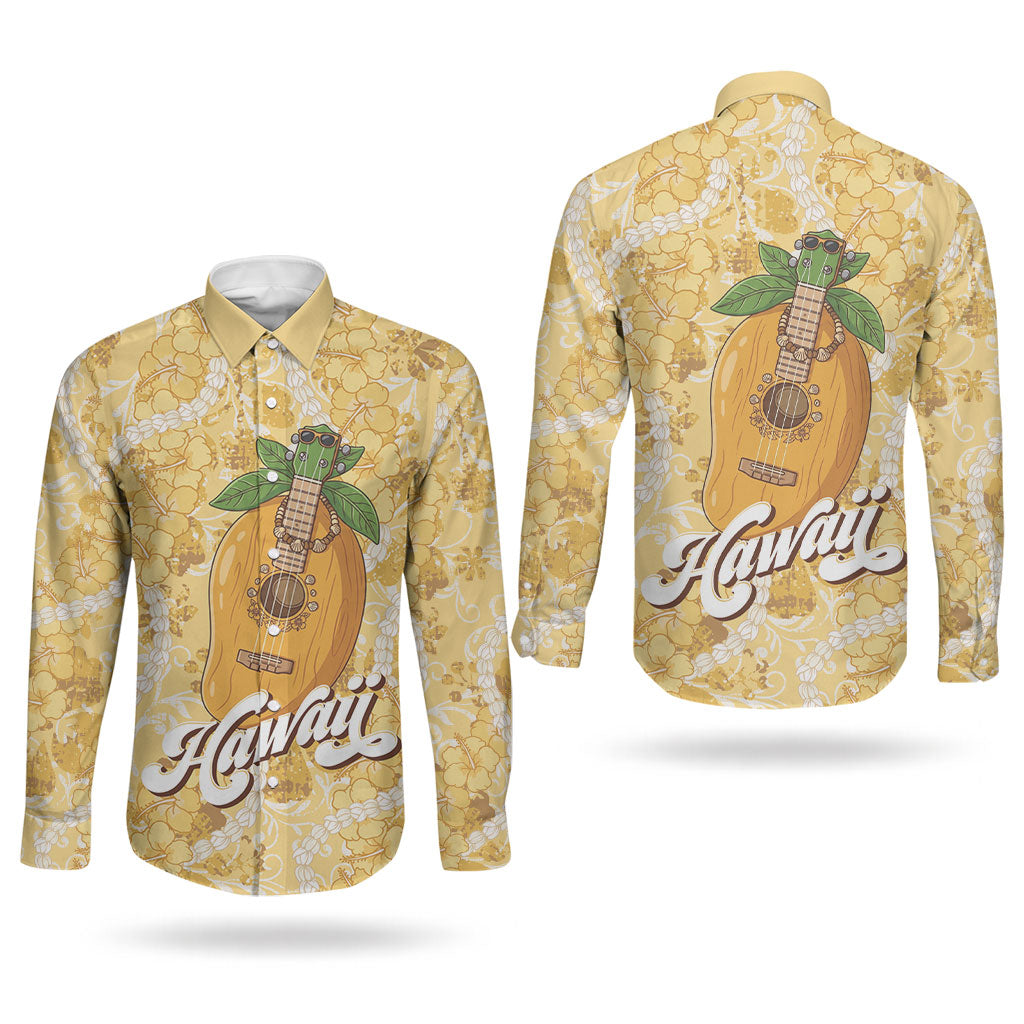 Hawaiian Mango Ukulele Couples Matching Off The Shoulder Long Sleeve Dress and Long Sleeve Button Shirt Retro Yellow Hibiscus Pikake Lei