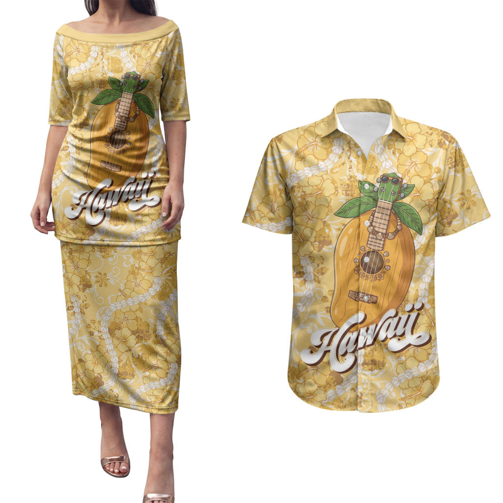 Hawaiian Mango Ukulele Couples Matching Puletasi and Hawaiian Shirt Retro Yellow Hibiscus Pikake Lei LT9 Yellow - Polynesian Pride