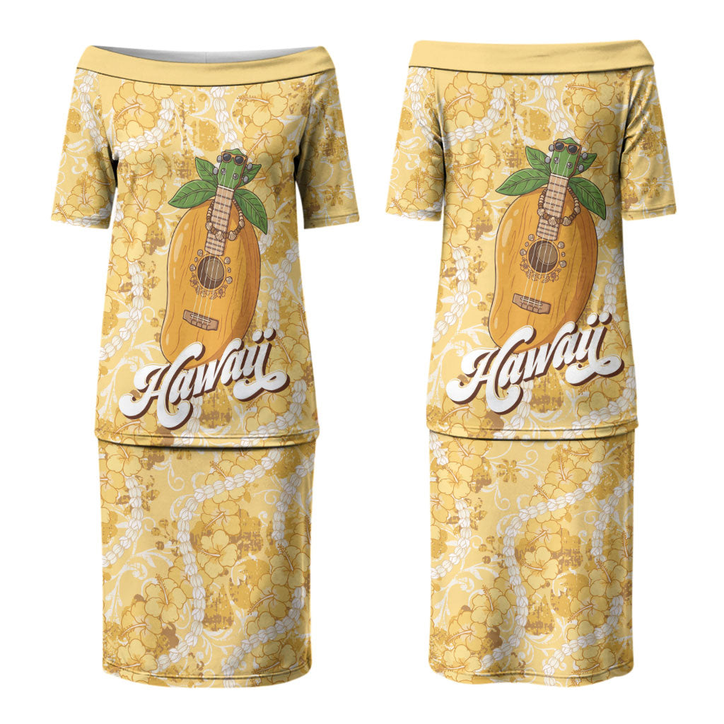 Hawaiian Mango Ukulele Couples Matching Puletasi and Long Sleeve Button Shirt Retro Yellow Hibiscus Pikake Lei