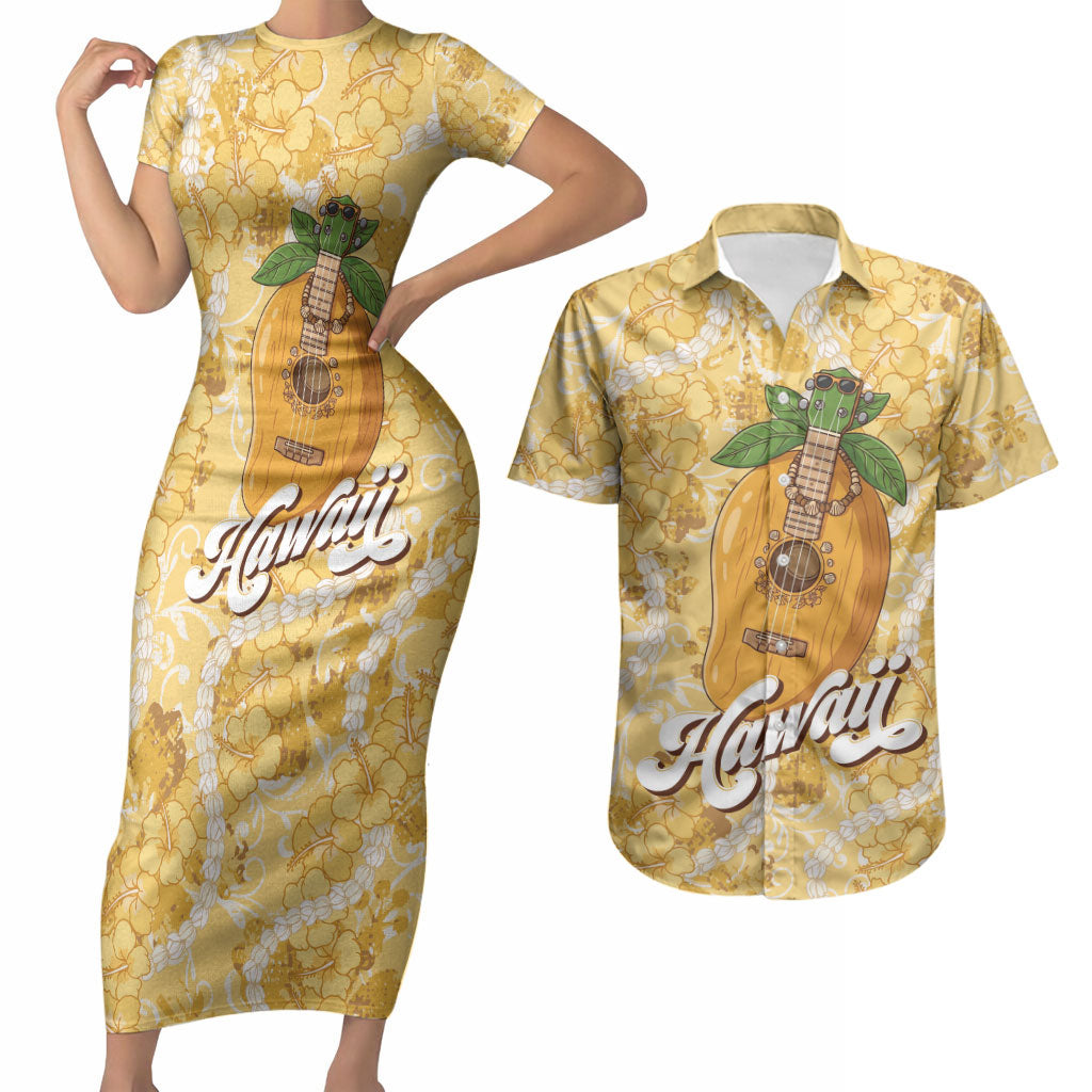 Hawaiian Mango Ukulele Couples Matching Short Sleeve Bodycon Dress and Hawaiian Shirt Retro Yellow Hibiscus Pikake Lei LT9 Yellow - Polynesian Pride