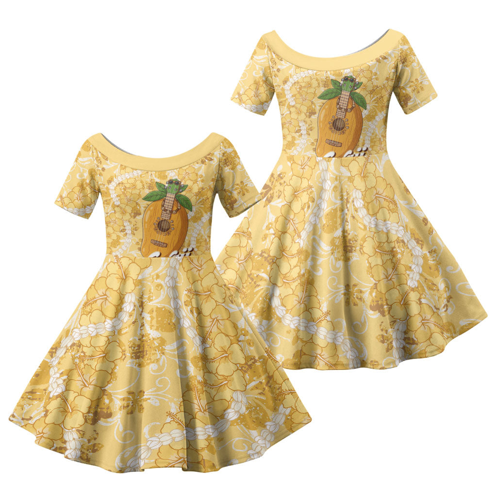 Hawaiian Mango Ukulele Family Matching Long Sleeve Bodycon Dress and Hawaiian Shirt Retro Yellow Hibiscus Pikake Lei