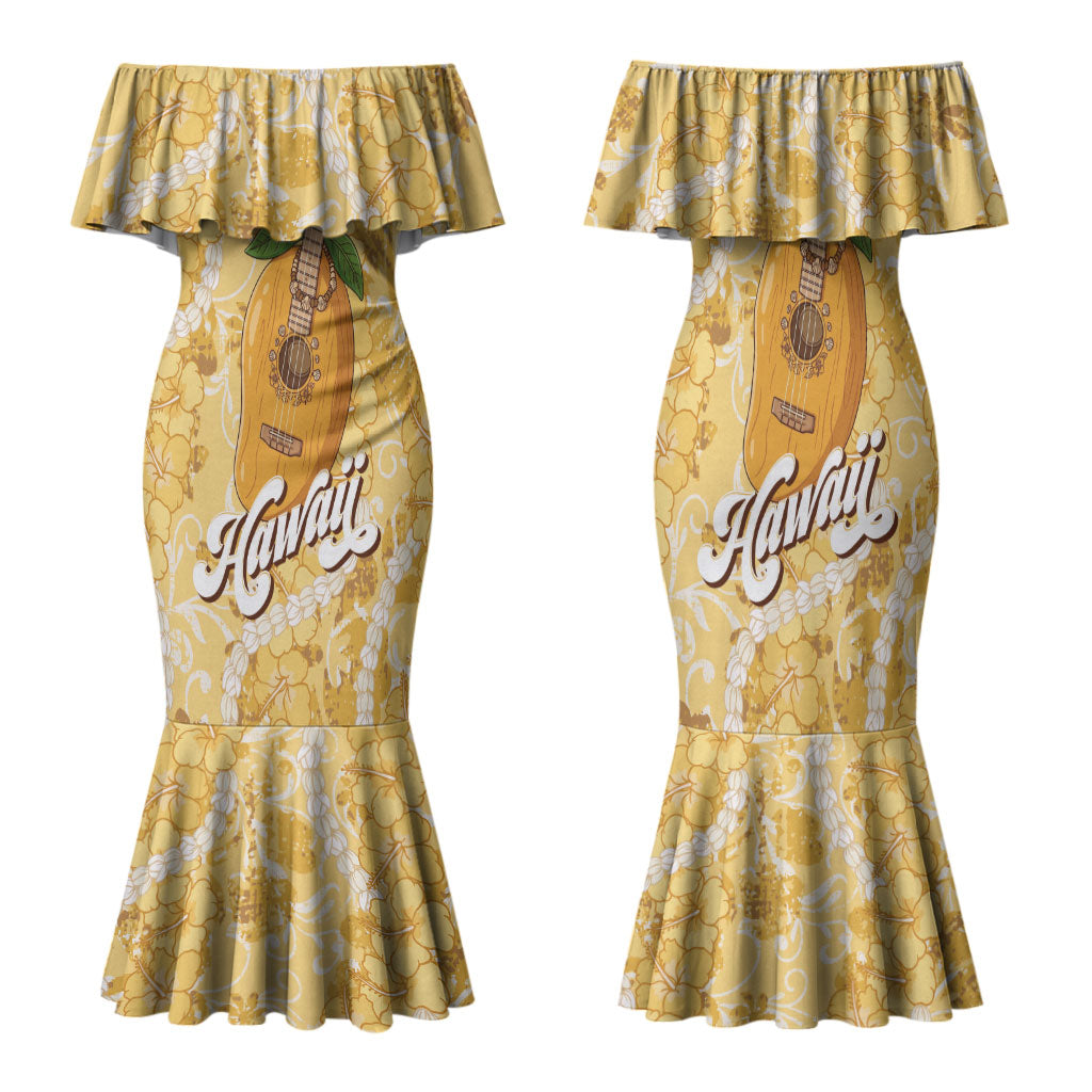 Hawaiian Mango Ukulele Family Matching Mermaid Dress and Hawaiian Shirt Retro Yellow Hibiscus Pikake Lei