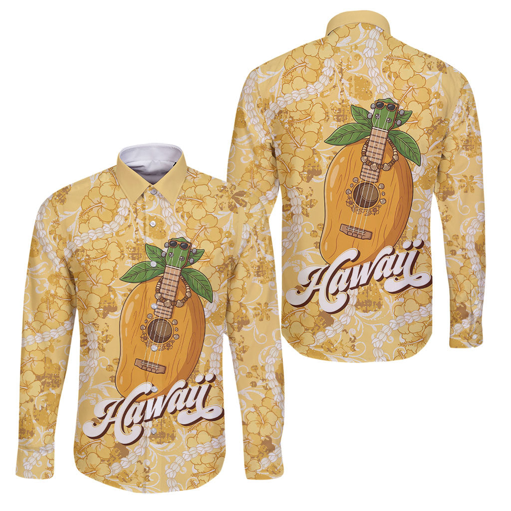 Hawaiian Mango Ukulele Family Matching Mermaid Dress and Hawaiian Shirt Retro Yellow Hibiscus Pikake Lei
