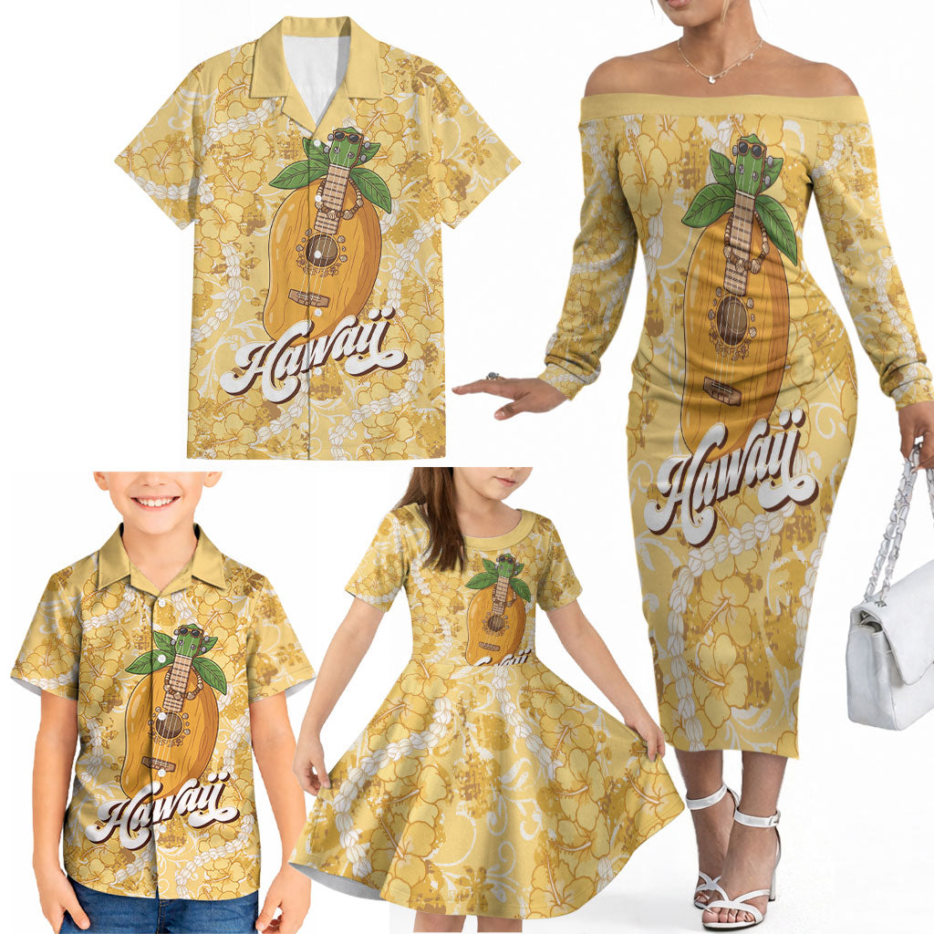 Hawaiian Mango Ukulele Family Matching Off The Shoulder Long Sleeve Dress and Hawaiian Shirt Retro Yellow Hibiscus Pikake Lei LT9 - Polynesian Pride