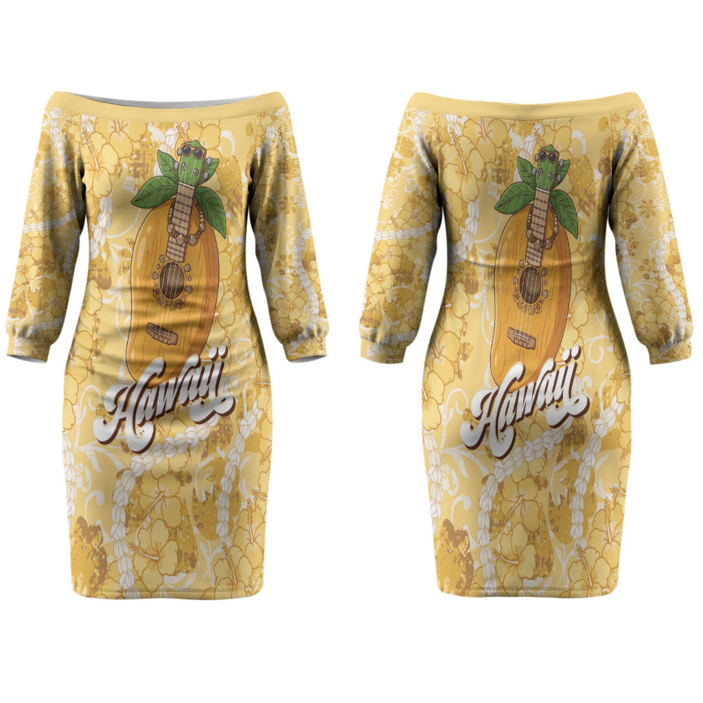 Hawaiian Mango Ukulele Family Matching Off The Shoulder Long Sleeve Dress and Hawaiian Shirt Retro Yellow Hibiscus Pikake Lei LT9 Mom's Dress Yellow - Polynesian Pride
