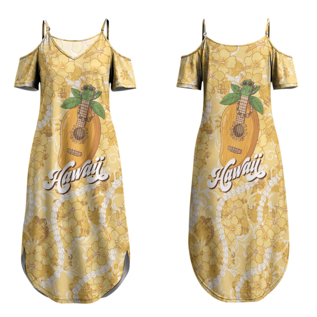Hawaiian Mango Ukulele Family Matching Summer Maxi Dress and Hawaiian Shirt Retro Yellow Hibiscus Pikake Lei