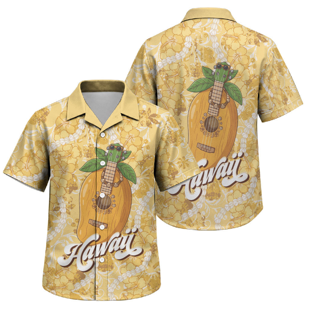 Hawaiian Mango Ukulele Family Matching Tank Maxi Dress and Hawaiian Shirt Retro Yellow Hibiscus Pikake Lei