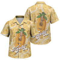 Hawaiian Mango Ukulele Family Matching Tank Maxi Dress and Hawaiian Shirt Retro Yellow Hibiscus Pikake Lei