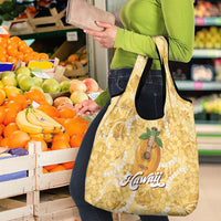 Hawaiian Mango Ukulele Grocery Bag Retro Yellow Hibiscus Pikake Lei