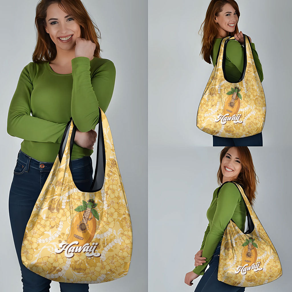 Hawaiian Mango Ukulele Grocery Bag Retro Yellow Hibiscus Pikake Lei