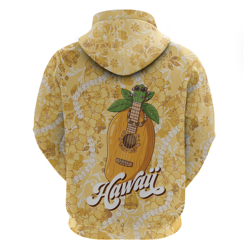 Hawaiian Mango Ukulele Hoodie Retro Yellow Hibiscus Pikake Lei
