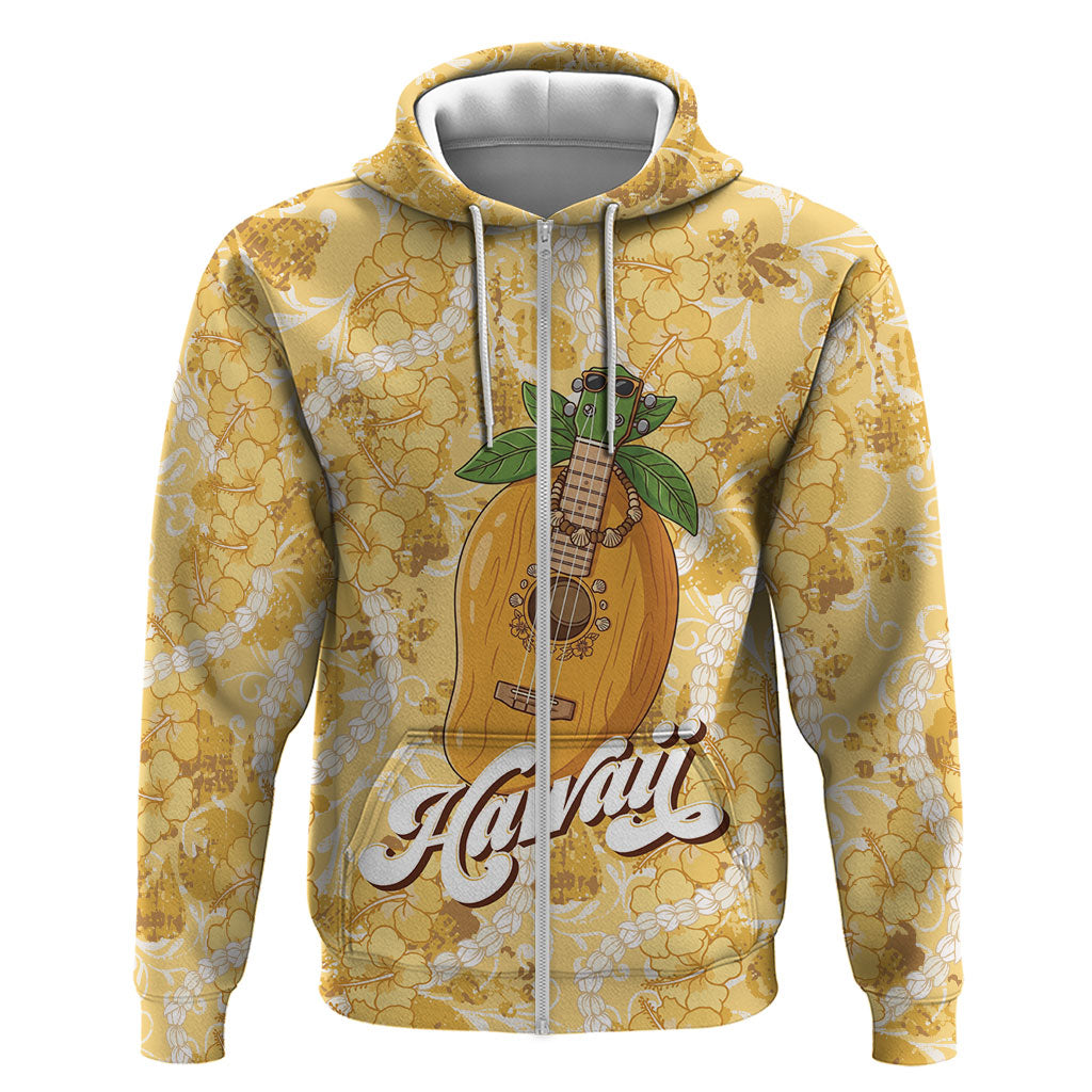 Hawaiian Mango Ukulele Hoodie Retro Yellow Hibiscus Pikake Lei