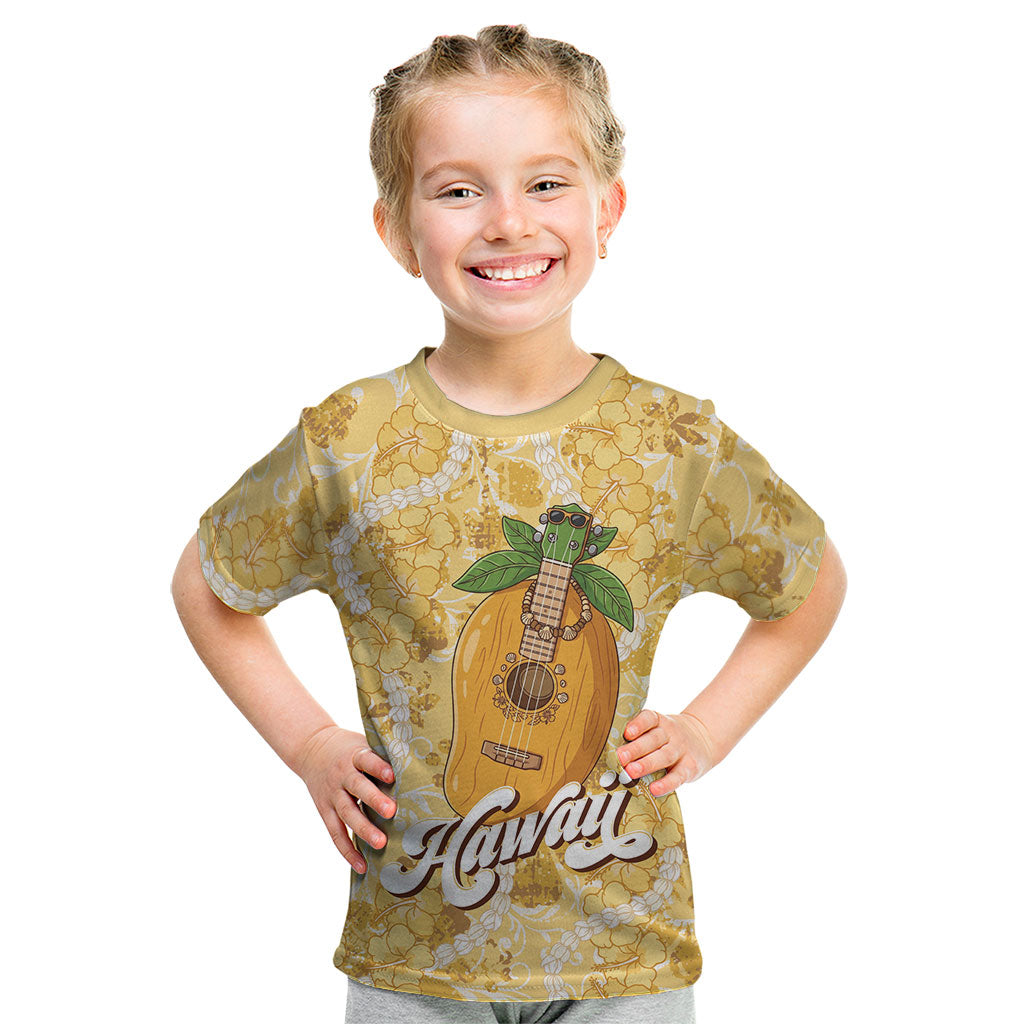Hawaiian Mango Ukulele Kid T Shirt Retro Yellow Hibiscus Pikake Lei