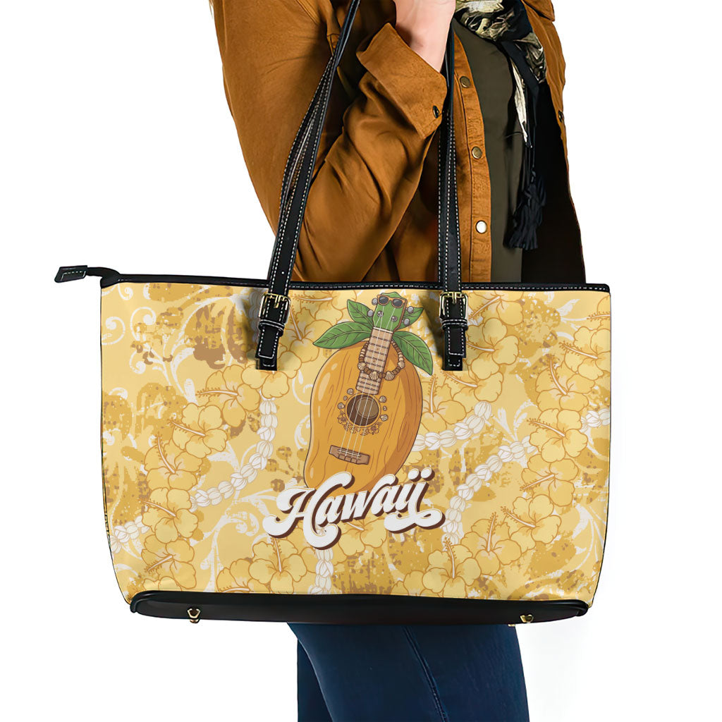 Hawaiian Mango Ukulele Leather Tote Bag Retro Yellow Hibiscus Pikake Lei