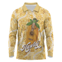 Hawaiian Mango Ukulele Long Sleeve Polo Shirt Retro Yellow Hibiscus Pikake Lei