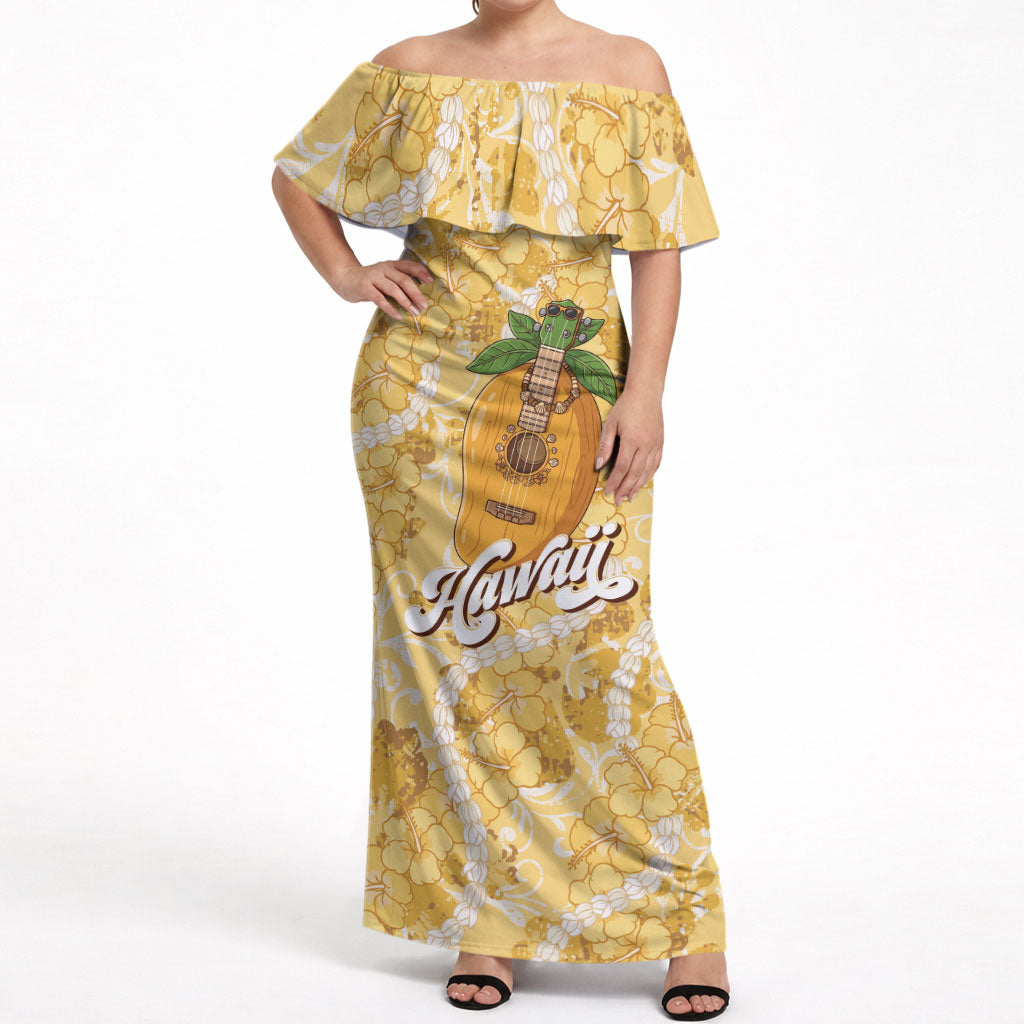Hawaiian Mango Ukulele Off Shoulder Maxi Dress Retro Yellow Hibiscus Pikake Lei
