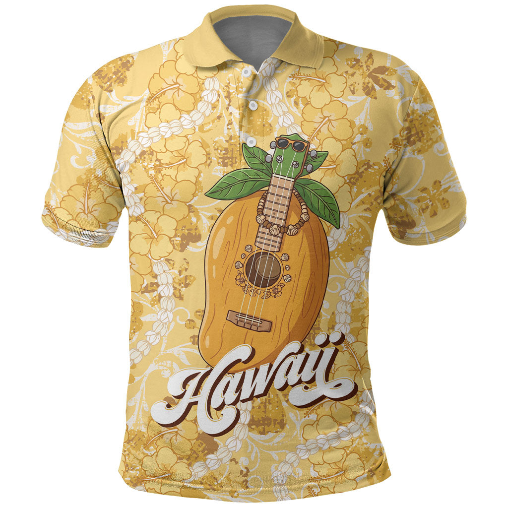 Hawaiian Mango Ukulele Polo Shirt Retro Yellow Hibiscus Pikake Lei