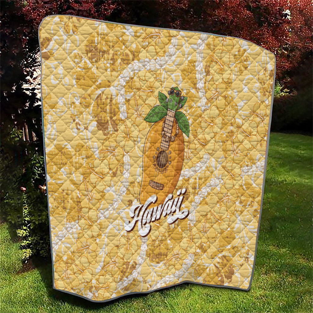 Hawaiian Mango Ukulele Quilt Retro Yellow Hibiscus Pikake Lei